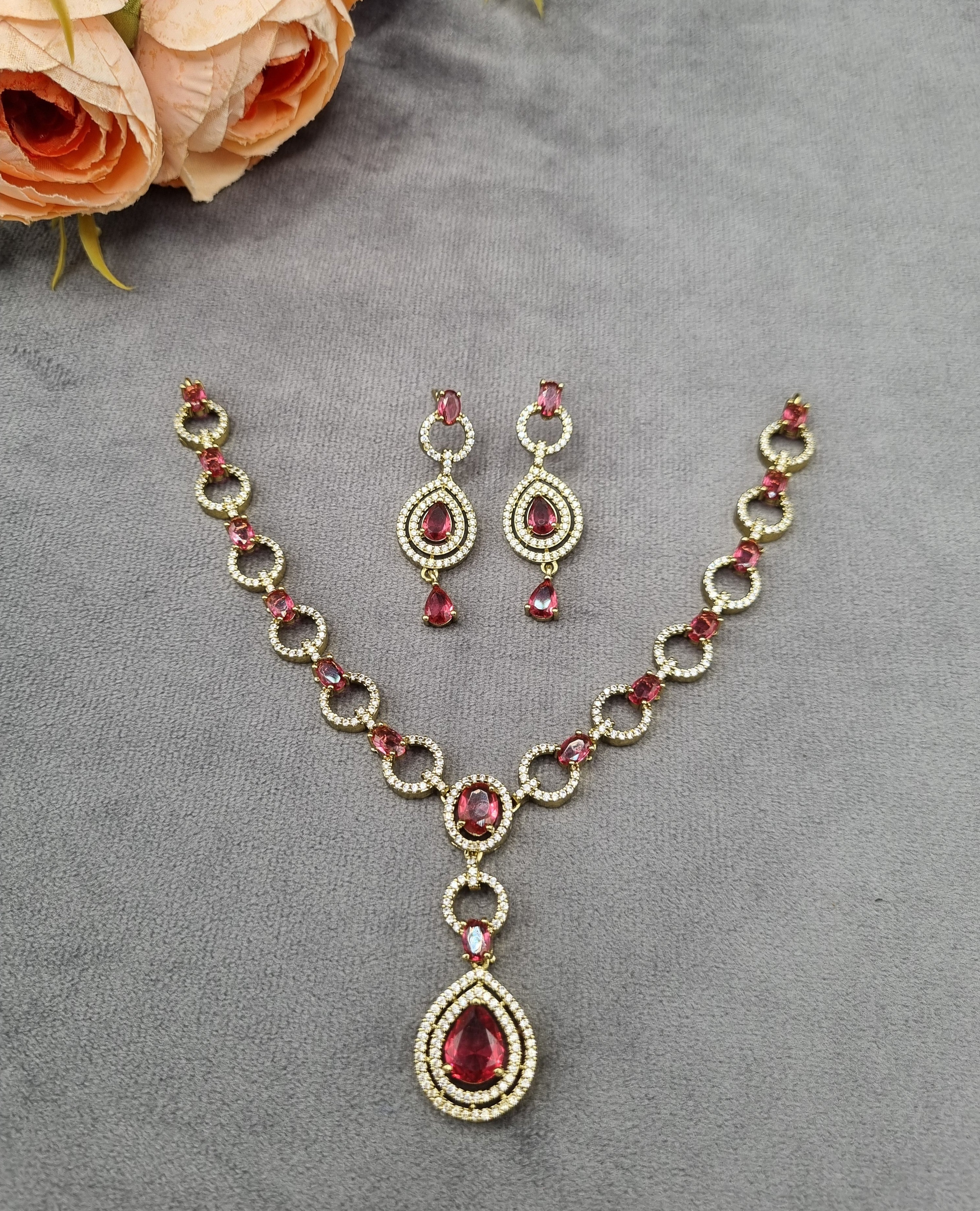 Halo Teardrop American Diamond Necklace Set with Matching Earrings